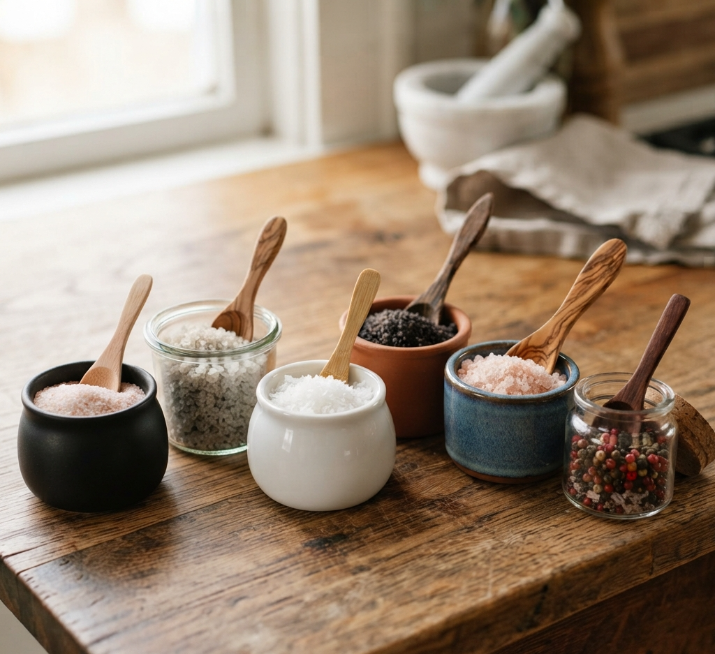 different types of salt on top of small sweets on the table