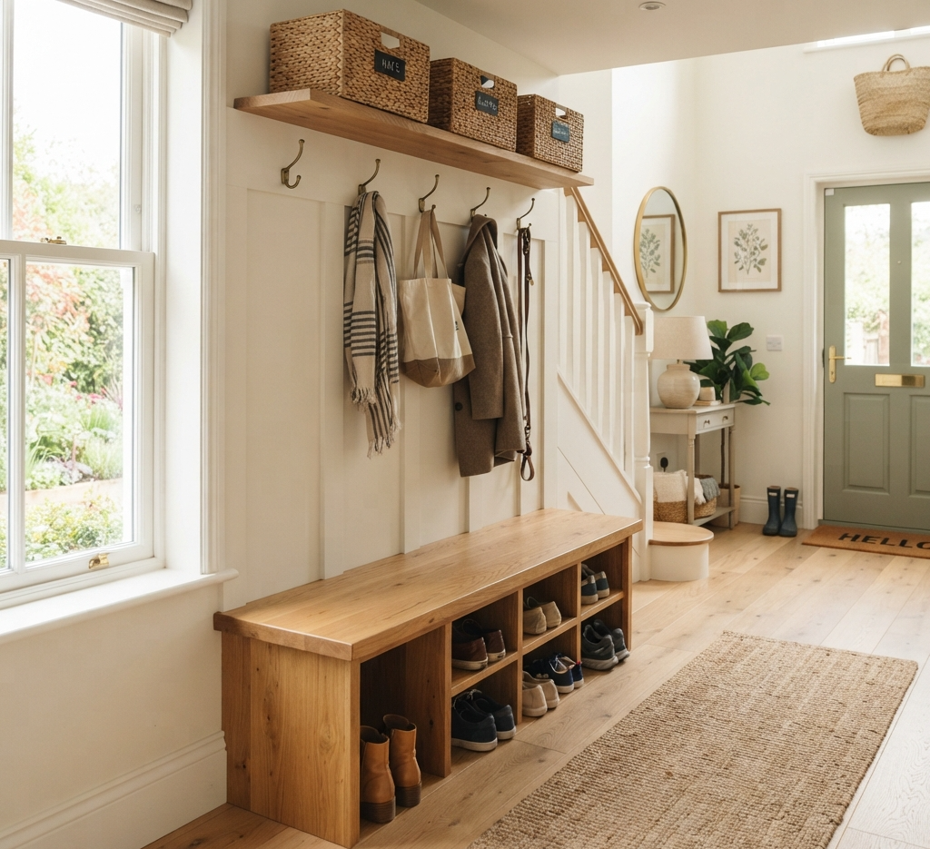 A bright, welcoming residential entryway featuring a beautifully clean wooden mudroom bench with neatly organized shoes underneath