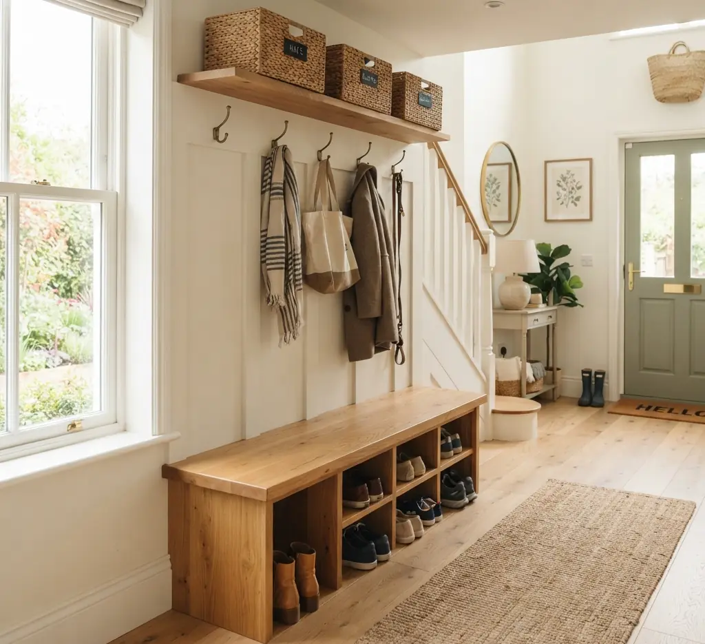 A bright, welcoming residential entryway featuring a beautifully clean wooden mudroom bench with neatly organized shoes underneath