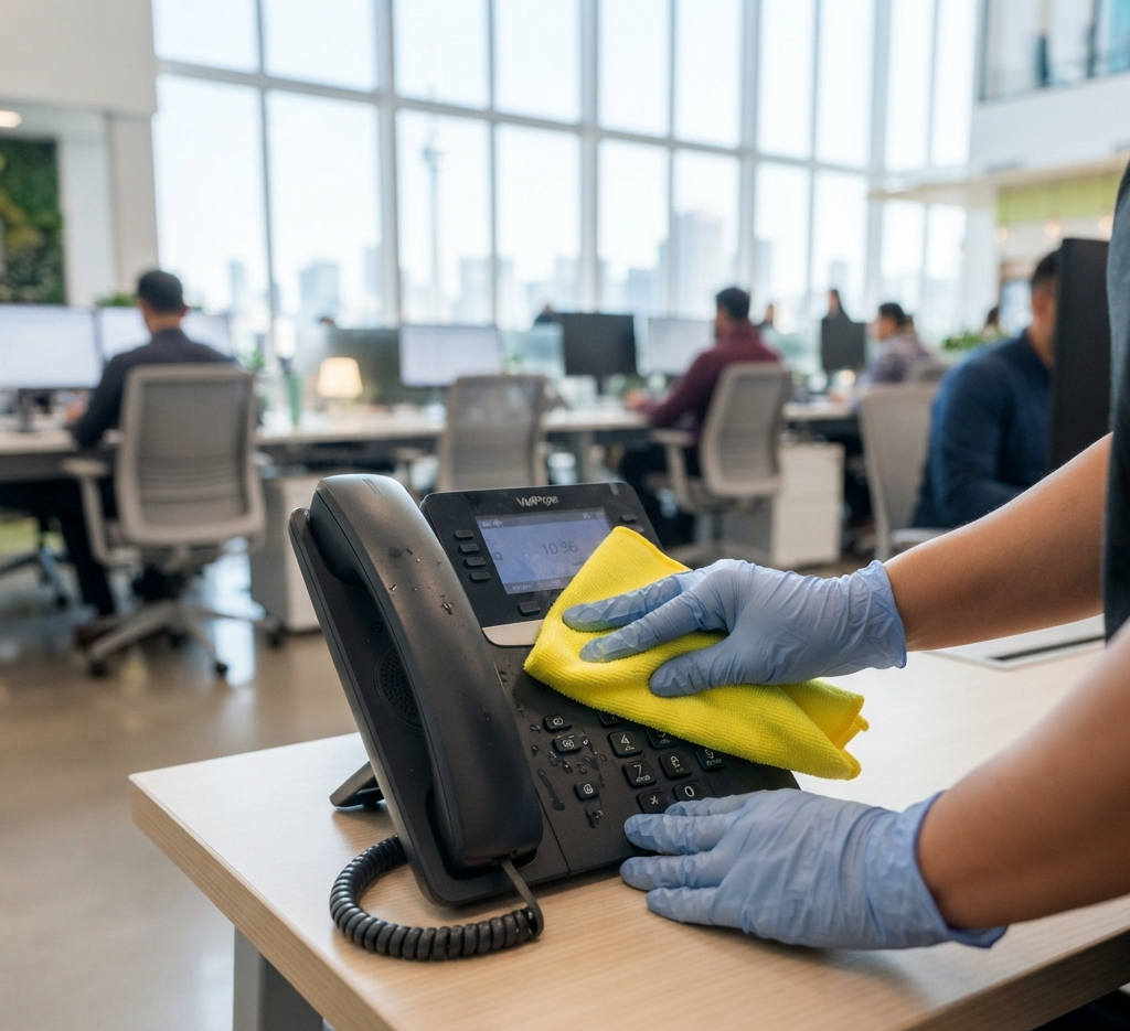 A close-up of a professional cleaner wearing blue gloves, using a yellow microfiber cloth to meticulously sanitize a modern office desk telephone