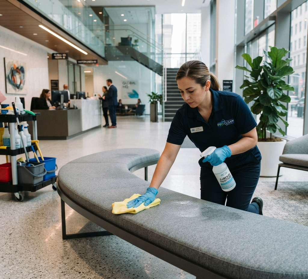 A professional cleaner wearing gloves, using a microfiber cloth and a spray bottle to sanitize a sleek commercial bench in a modern office lobby