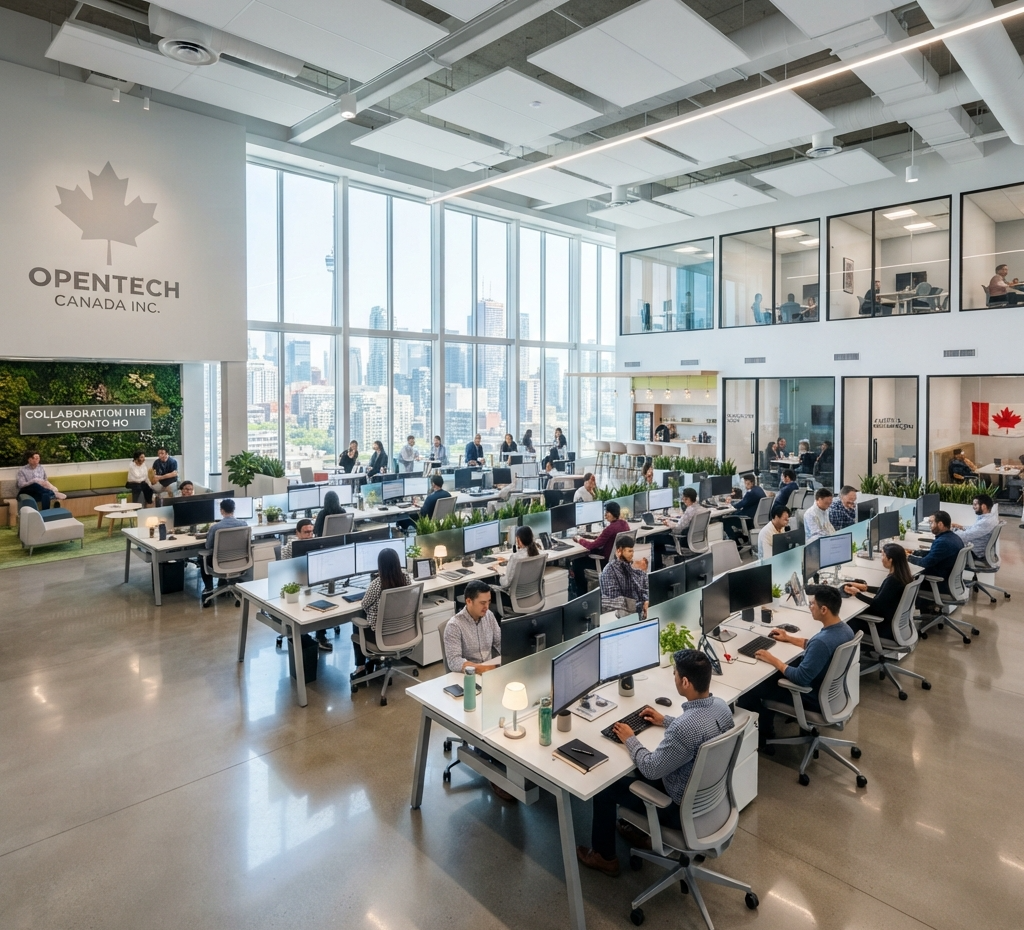 A wide shot of a bright, modern, and impeccably clean open-plan Canadian office space, with gleaming hard floors and spotless workstations.