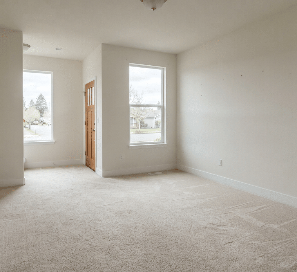 The living room floor and carpet are clean in an empty house, as the tenant has moved out.