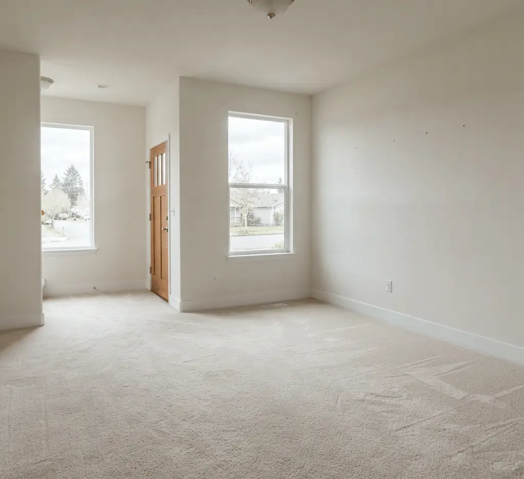 The living room floor and carpet are clean in an empty house, as the tenant has moved out.
