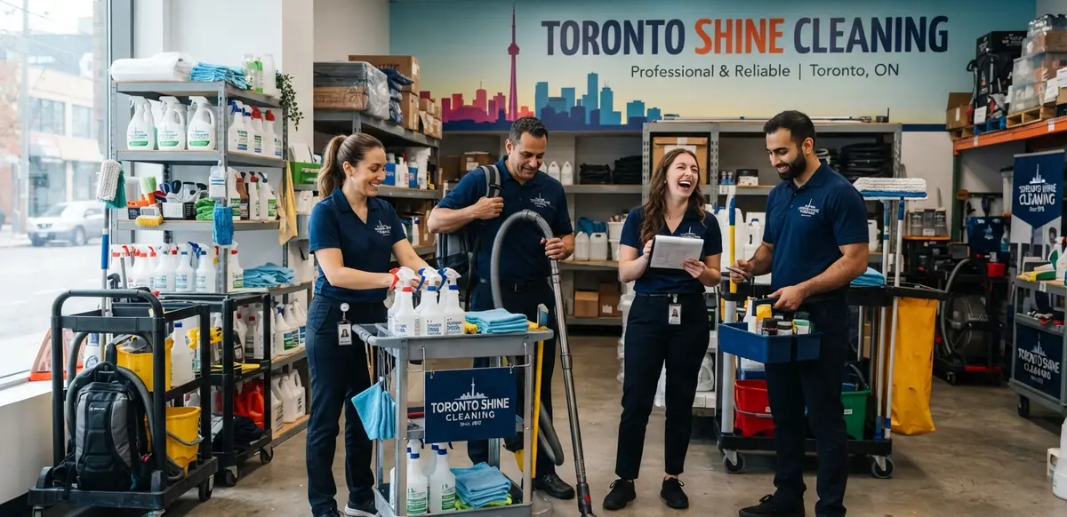 Cleaners in navy uniforms gathered with carts, vacuums and supplies in a stockroom