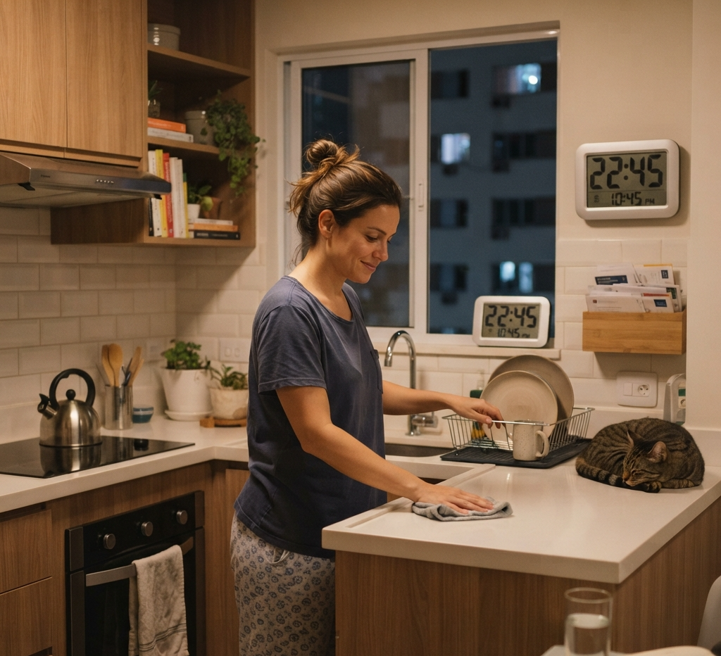 Woman organizing the kitchen 15 minutes before bed.