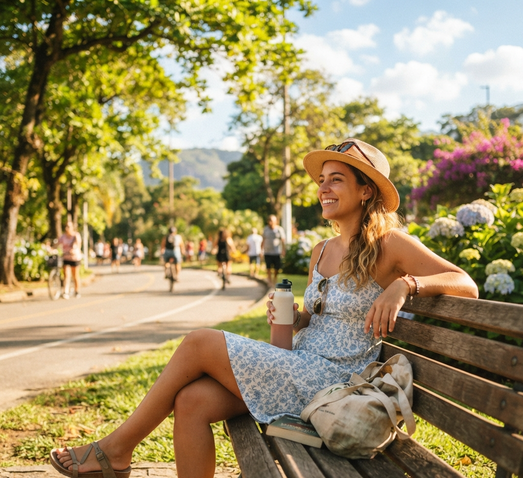 Woman sitting on a bench in summer and enjoying the day.