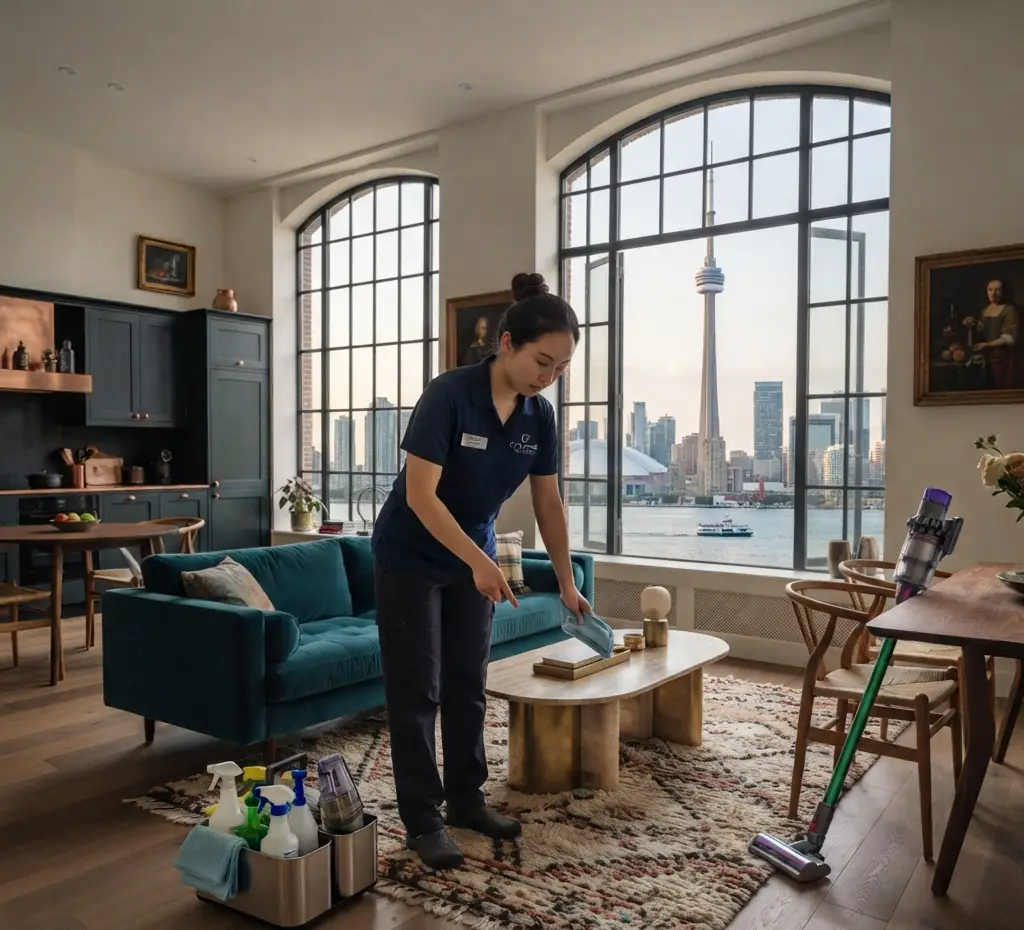 Cleaner in a navy uniform wiping a coffee table in a loft with city views