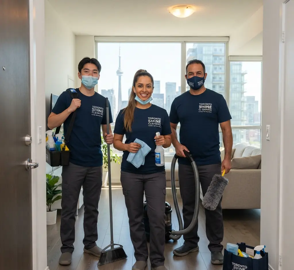 Three masked cleaners holding a vacuum, mop and supplies in a condo doorway