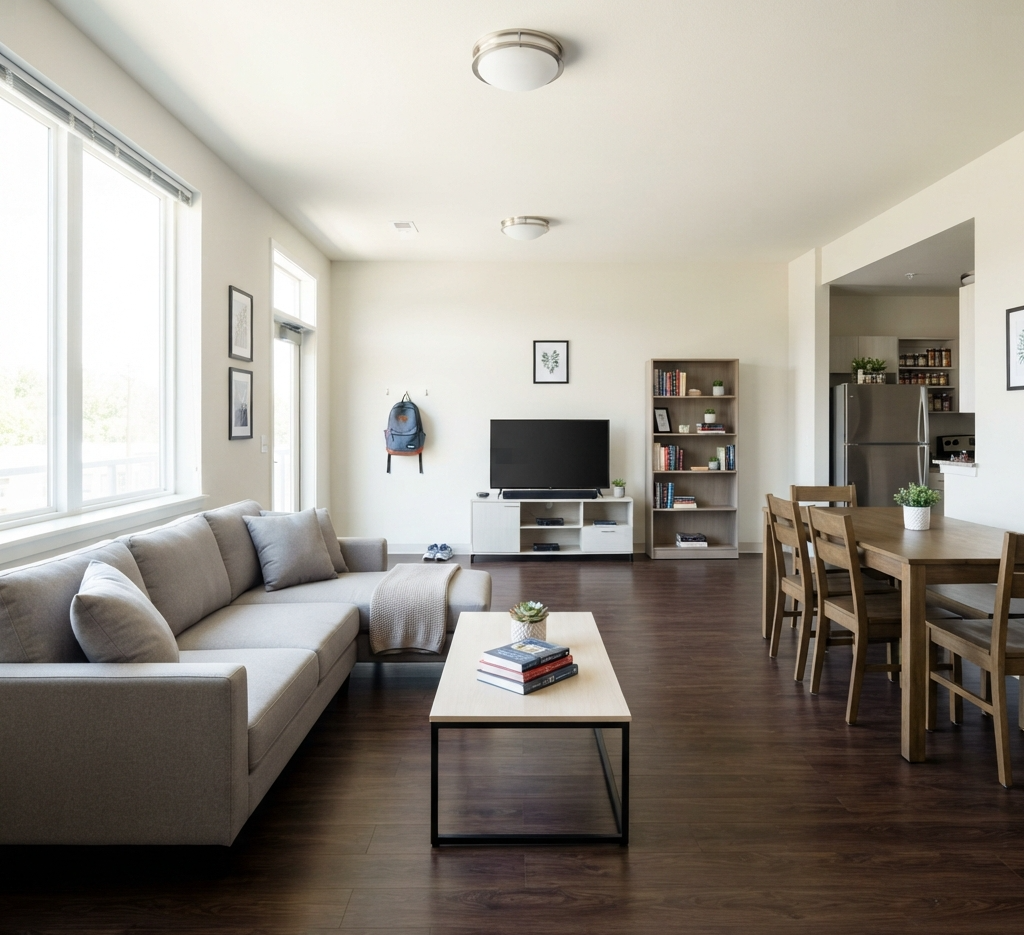 A brightly lit, clean, and organized living room in a student housing property after a professional deep clean.
