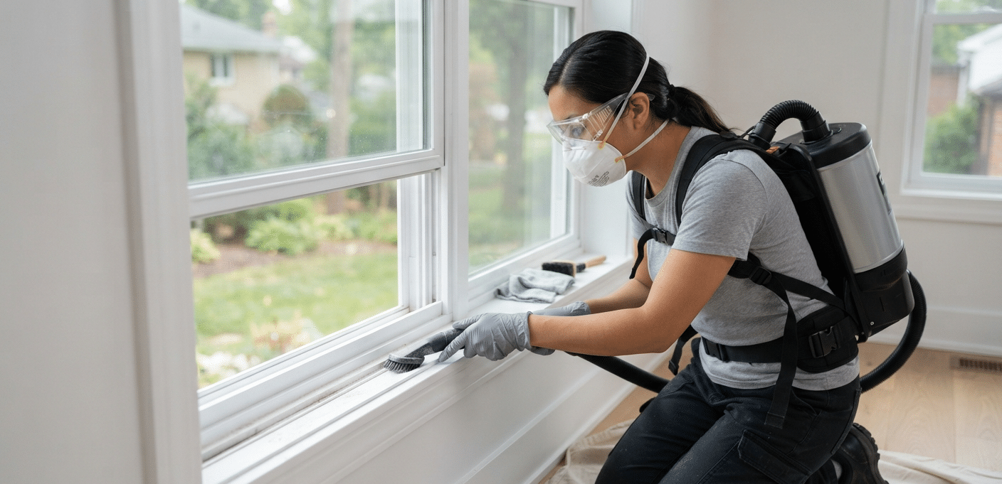 A person wearing an N95 mask and safety goggles, using a vacuum with a HEPA filter attachment to clean the fine dust out of the tracks of a newly installed window