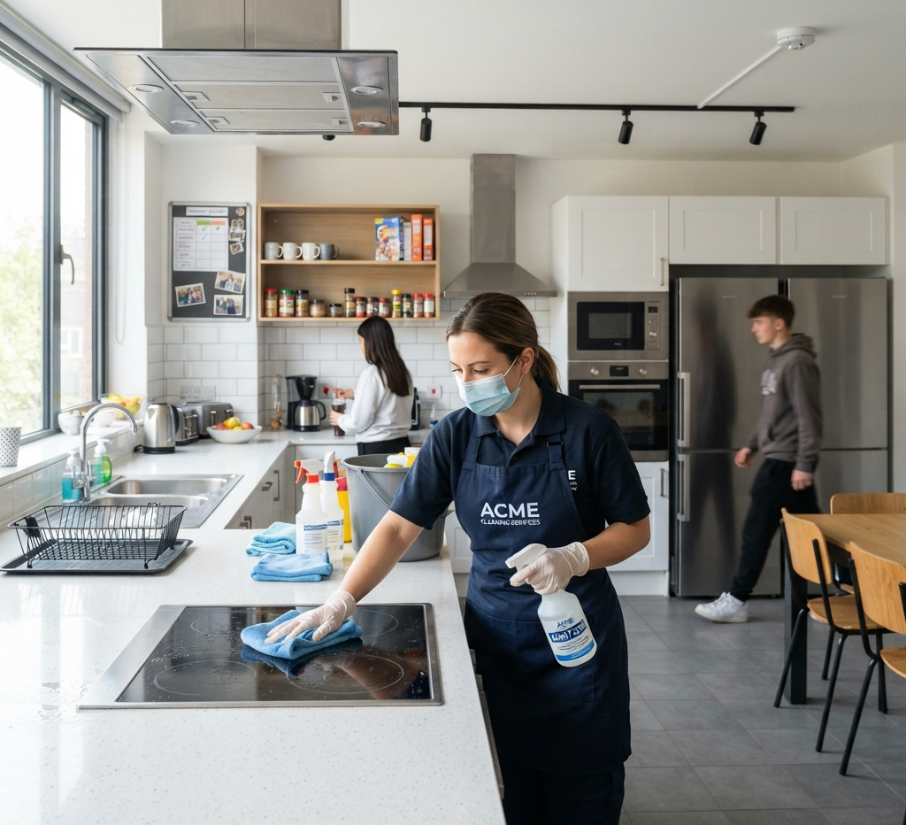 A professional cleaner sanitizing a modern shared student housing kitchen with bright lighting.