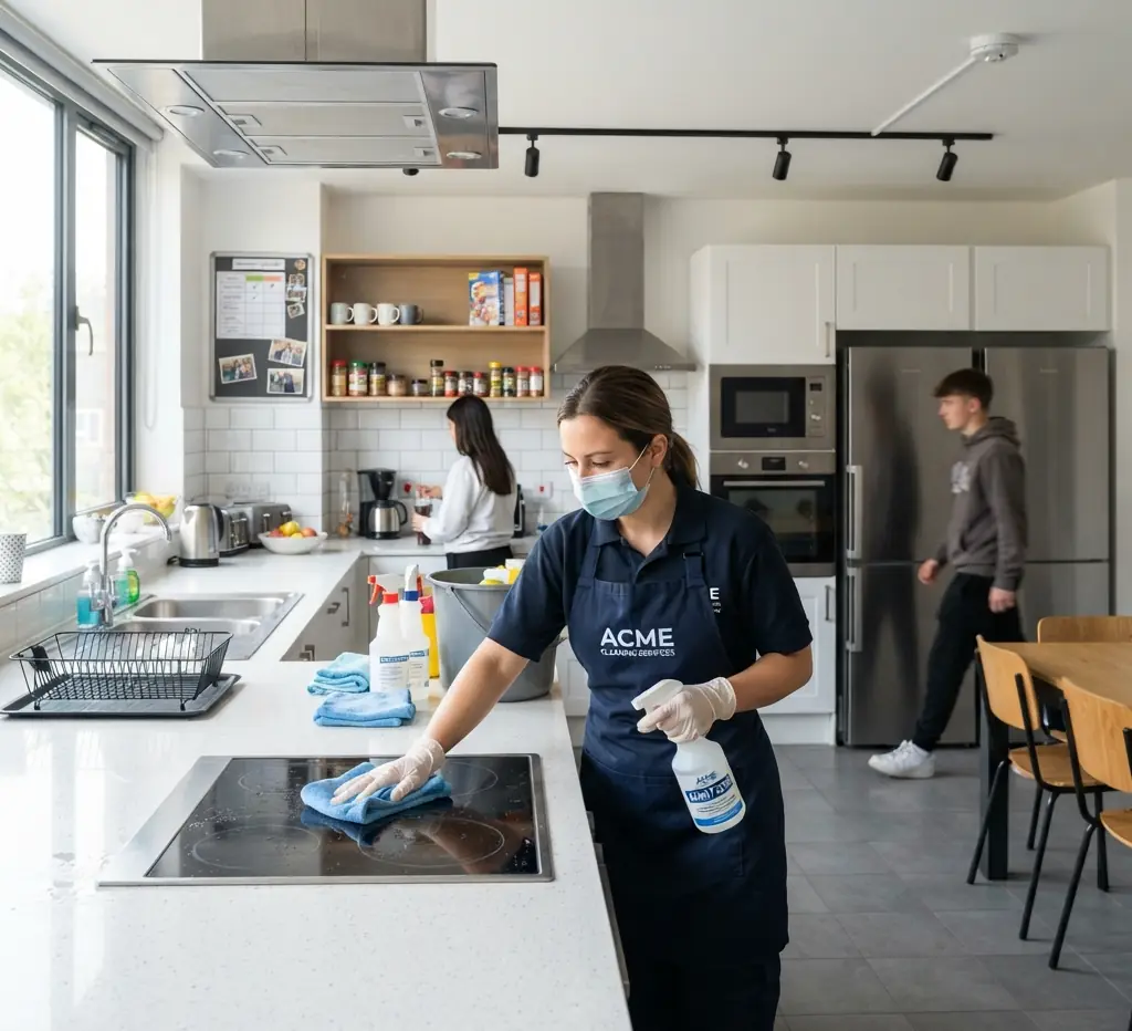A professional cleaner sanitizing a modern shared student housing kitchen with bright lighting.