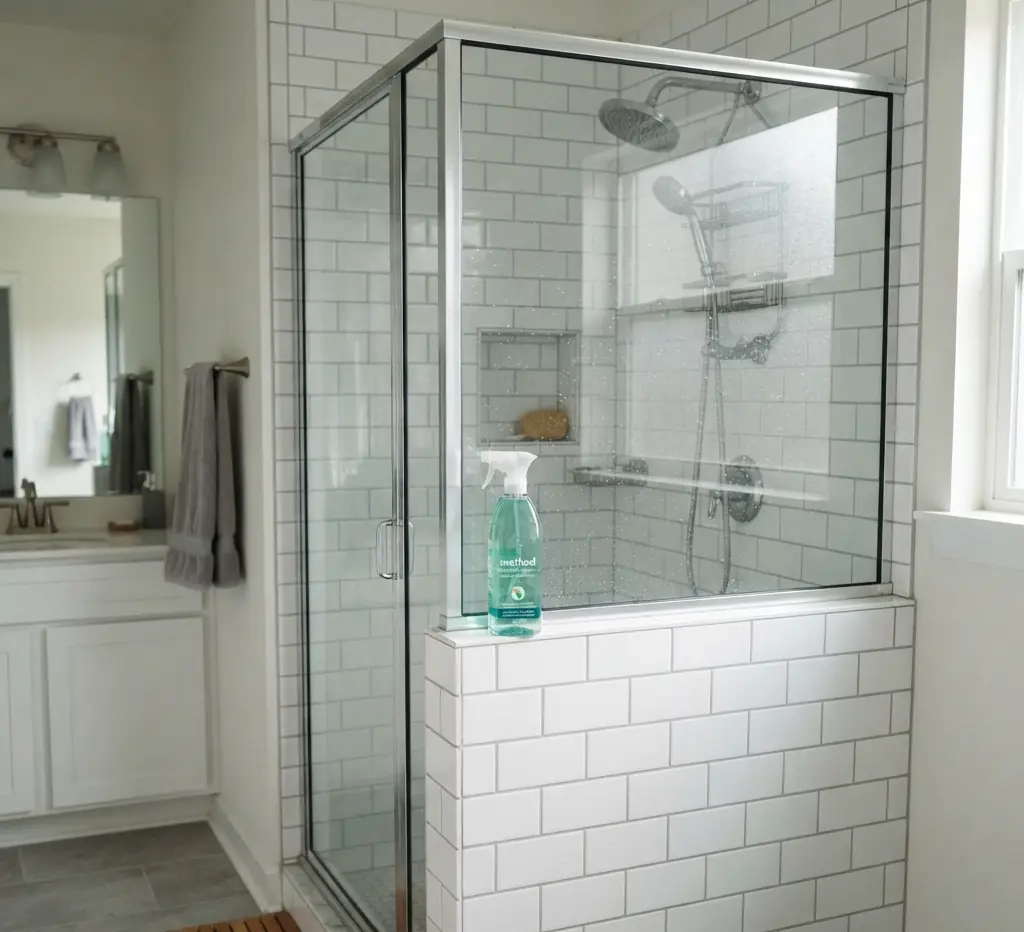 Shower enclosure with cleaning product