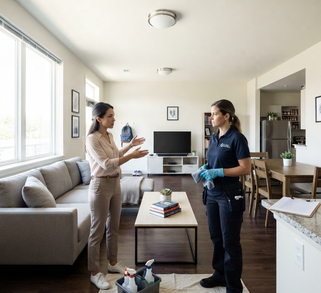 The homeowner explaining to the cleaner how to keep everything organized and clean for the students using the place.