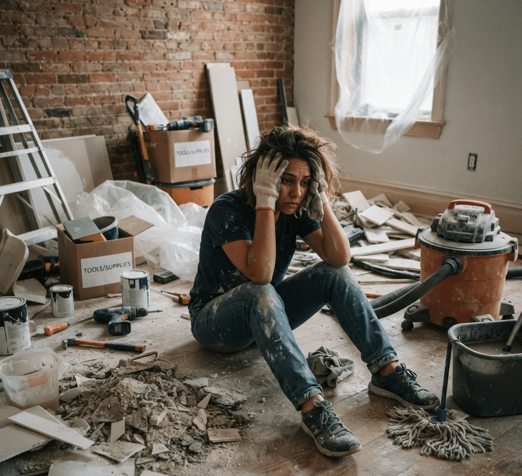Woman feeling discouraged by post-construction cleaning