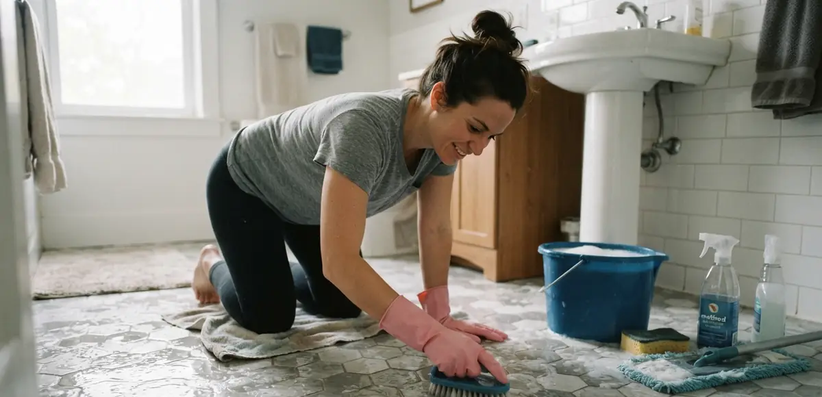 cleaning the bathroom floors