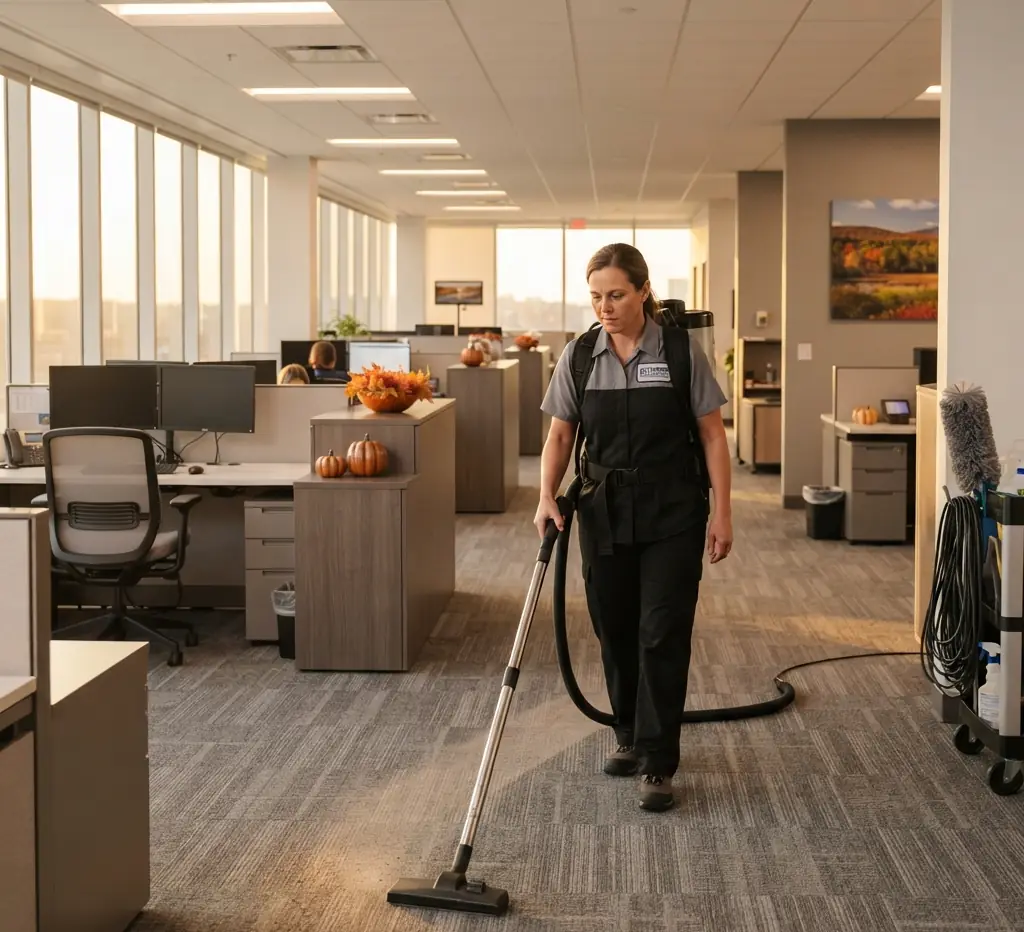 Woman vacuuming an open-plan office carpet with a backpack vacuum