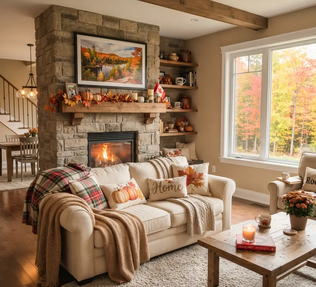 Cozy living room in autumn with a stone fireplace, cream sofa and pumpkins