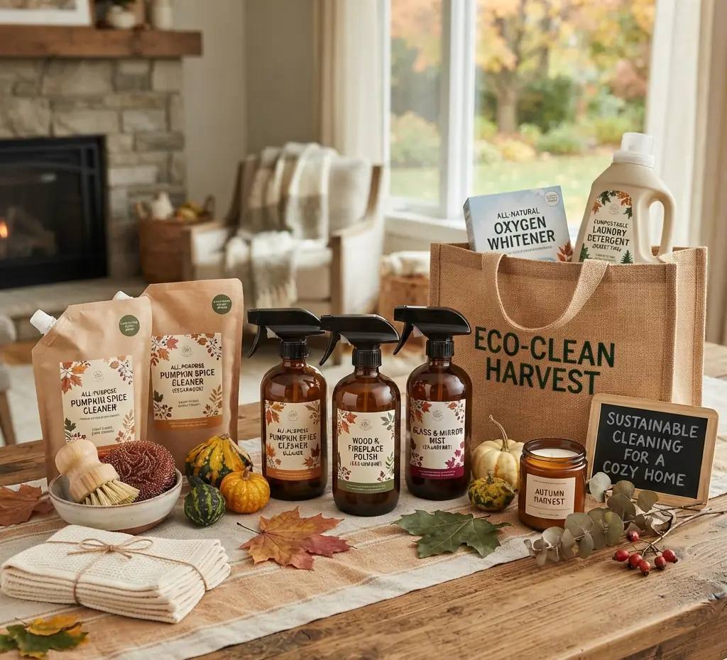 Amber spray bottles, refill pouches and a jute bag of cleaning supplies on a rustic table