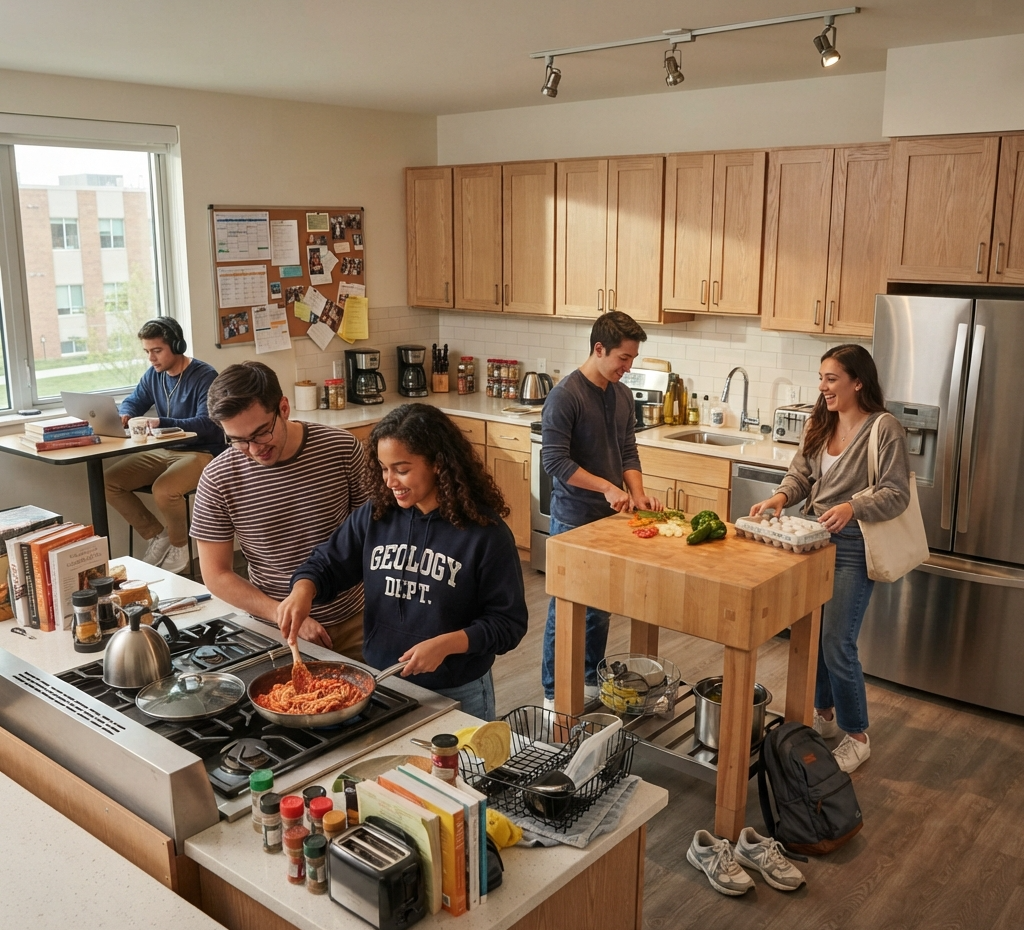 five students share a kitchen